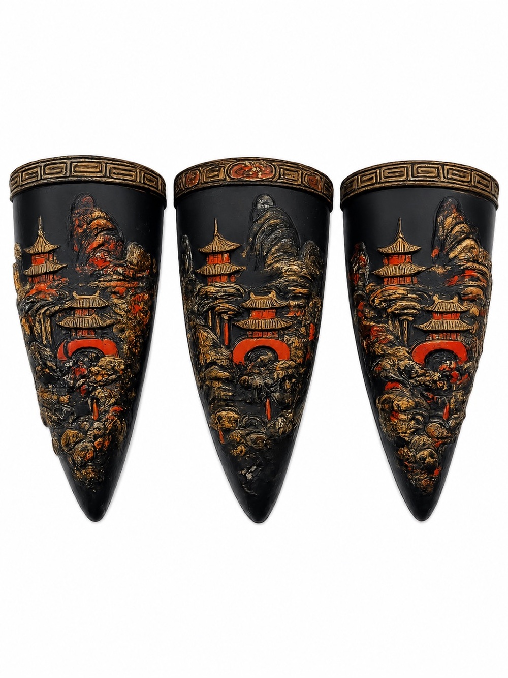 1950s 1960s Japan Pagoda Chalkware Wall Pocket Set MCM Decor